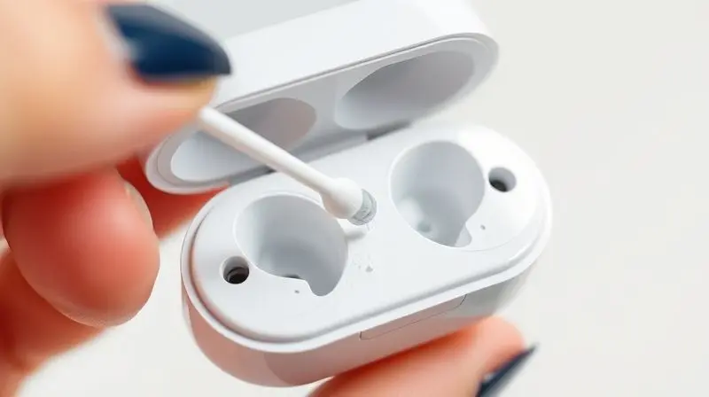 Pessoa utilizando um cotonete para limpar o interior do estojo de carregamento de fones de ouvido sem fio, removendo poeira dos contatos.