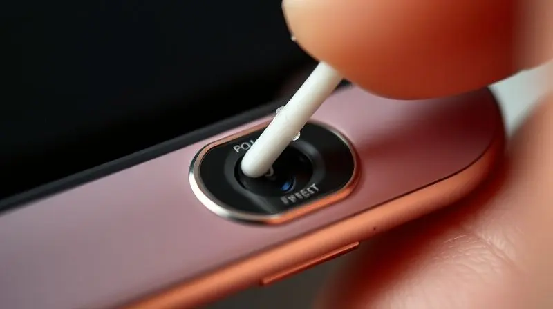 Close-up de uma mão limpando com precisão a entrada P2 de um smartphone usando um cotonete fino umedecido em álcool isopropílico.