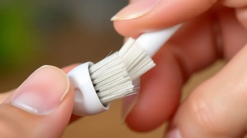 Pessoa limpando cuidadosamente a grade de um fone de ouvido intra-auricular com uma escova de cerdas macias para remover sujeira e cera.