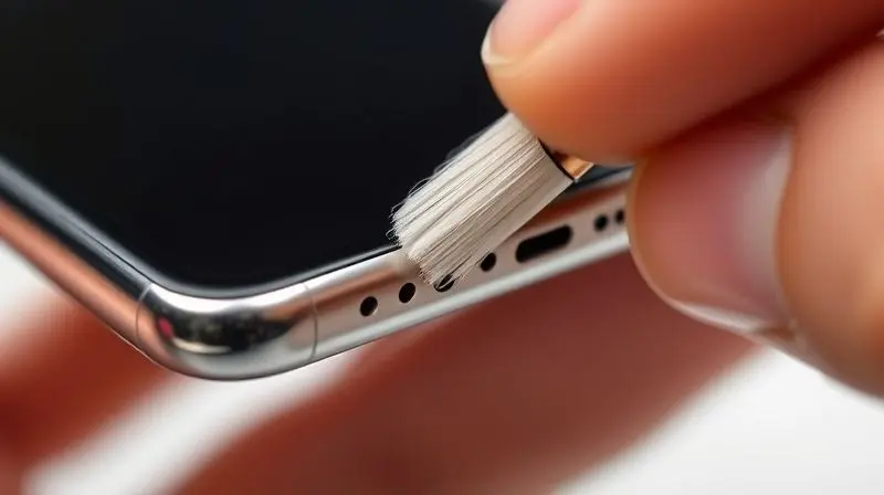 Close-up extremo de uma pessoa limpando com cuidado a entrada de fone de ouvido de um celular para resolver o problema de áudio.