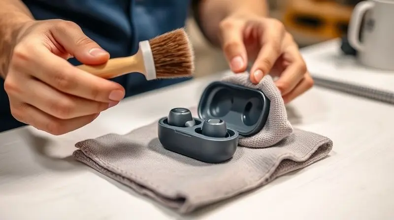 Pessoa realizando a limpeza cuidadosa de fones de ouvido sem fio e do estojo de carregamento com uma escova macia e um pano de microfibra.