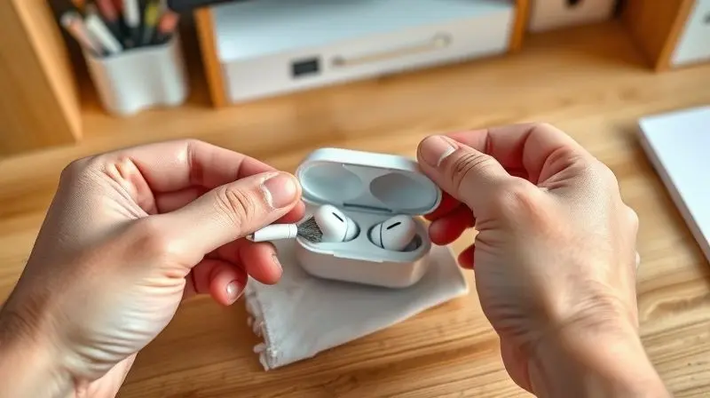 Close-up de mãos limpando cuidadosamente um fone de ouvido sem fio com um kit de limpeza, enfatizando a importância da manutenção do aparelho.