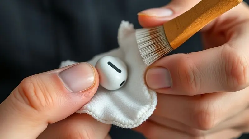 Pessoa realizando a limpeza e manutenção correta de um fone de ouvido sem fio com um pano de microfibra e uma escova macia.