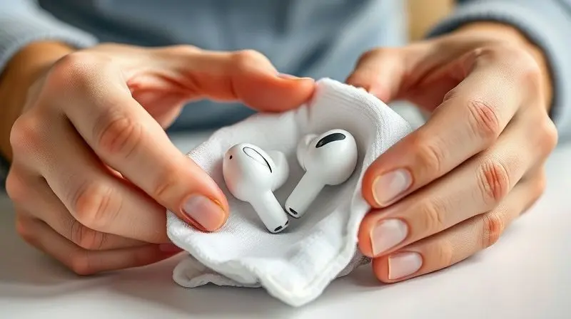 Close-up de mãos limpando cuidadosamente um fone de ouvido sem fio com um pano de microfibra para mostrar a manutenção correta.