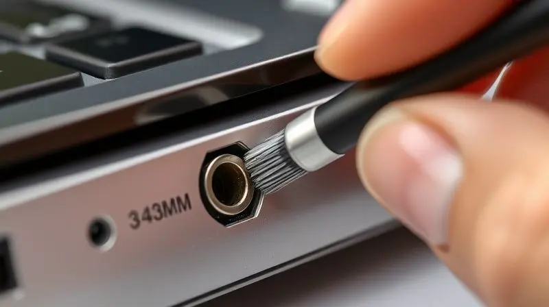 Fotografia macro mostrando a limpeza de uma porta de áudio de um dispositivo para remover sujeira e consertar o fone de ouvido.