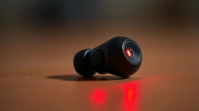 Close-up de um fone de ouvido sem fio com a luz de LED indicadora vermelha acesa, mostrando o processo de carregamento da bateria.