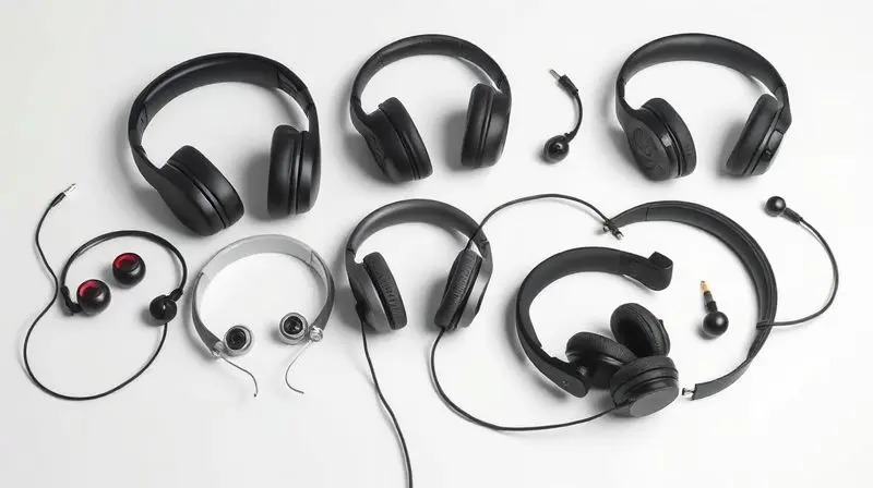 Variedade de modelos de fones de ouvido sem marca expostos em uma superfície limpa, representando as opções da marca Bright.
