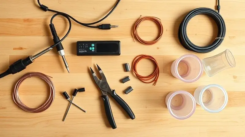 Ferramentas e materiais para construir um fone de ouvido caseiro, incluindo ferro de solda, fios de cobre e ímãs, organizados em uma bancada de madeira.