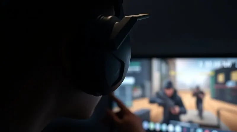 Jogador imerso em um jogo de FPS, com o foco no headset que ele está usando para ouvir os sons do jogo com precisão.