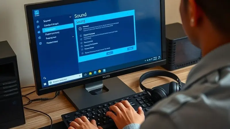 Pessoa em frente a um computador com o painel de configurações de som do Windows aberto na tela, com um fone de ouvido na mesa ao lado.