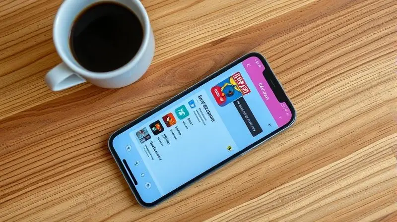 Celular sobre uma mesa de madeira mostrando a interface de um aplicativo de rádio online com uma lista de estações, ao lado de uma xícara de café.