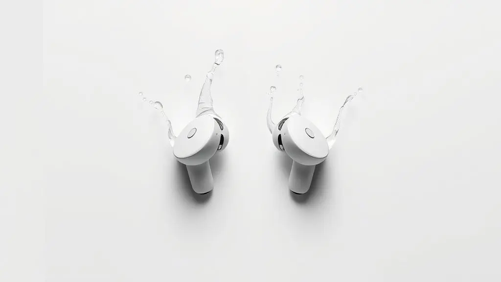 Um par de fones de ouvido Bluetooth modernos e à prova d'água, sem marca, centralizados em um fundo neutro com gotas de água cristalina.