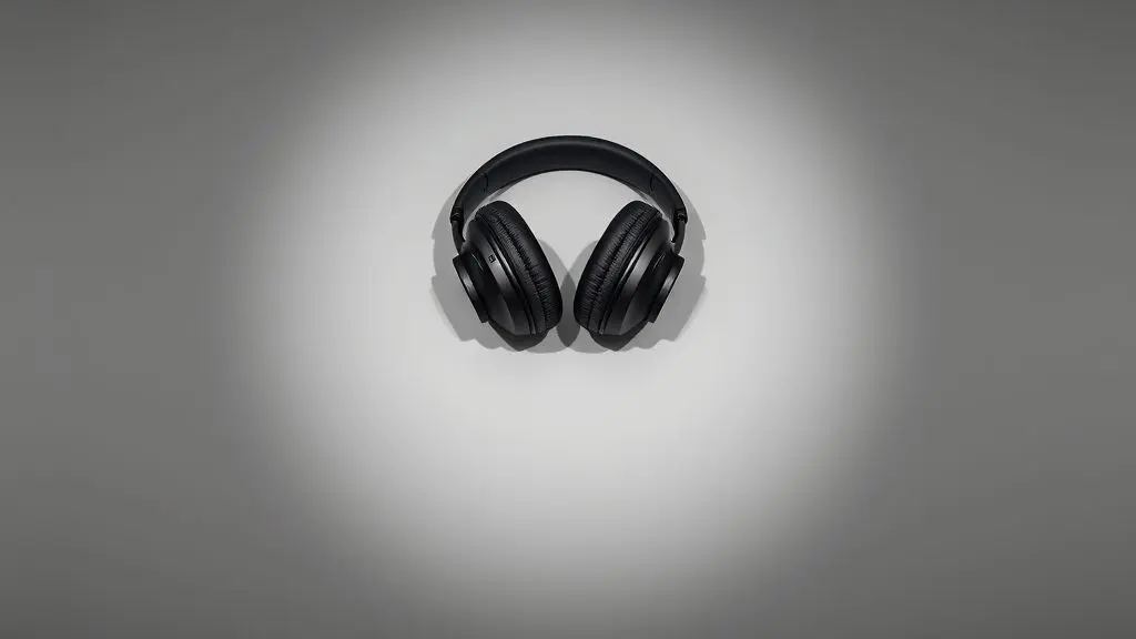 Um par de fones de ouvido com cancelamento de ruído de design moderno e minimalista, vistos de frente em um fundo neutro de estúdio profissional.