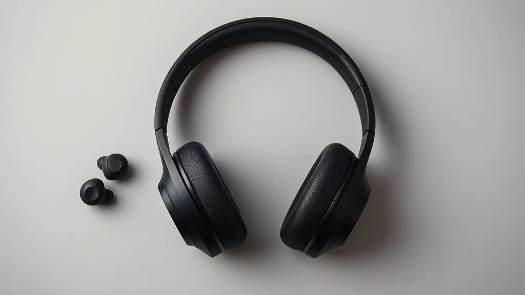 Um fone de ouvido Bluetooth over-ear e um par de fones in-ear, ambos sem marca, em uma composição simétrica para o guia dos melhores fones.