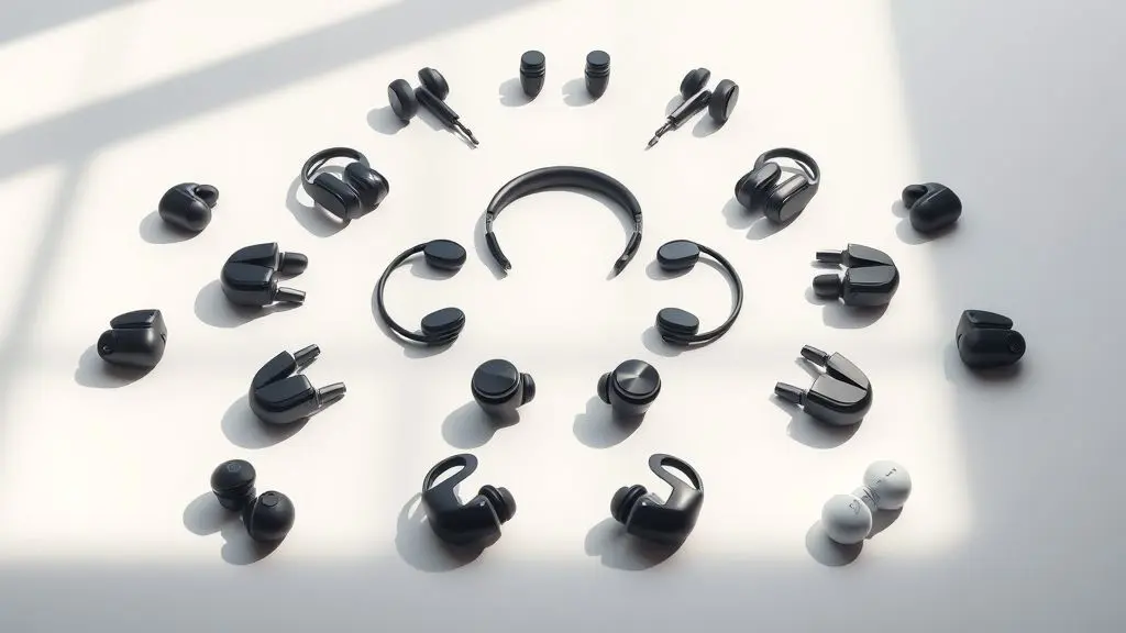 Uma seleção dos melhores fones de ouvido Bluetooth da Shopee, mostrando vários modelos modernos e sem marca em um fundo limpo e minimalista.