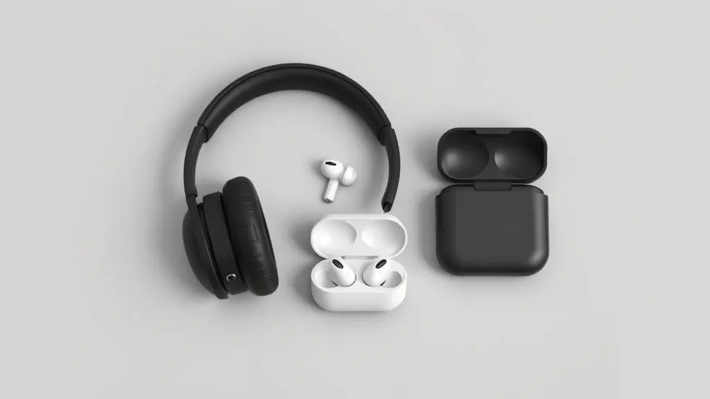 Uma seleção dos melhores fones de ouvido bluetooth, incluindo um modelo over-ear e um par in-ear, em um fundo de estúdio claro e minimalista.