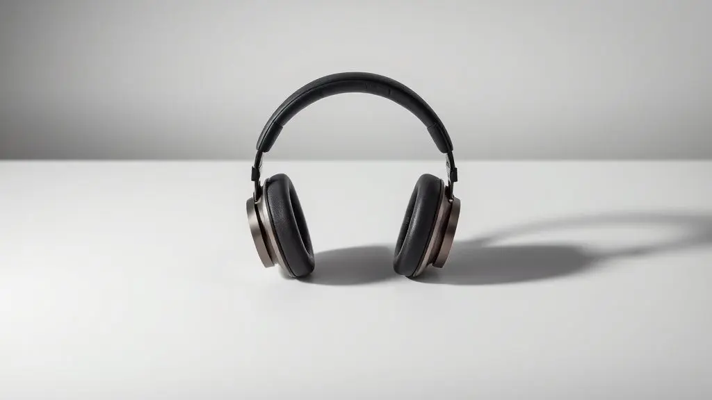 Um par de fones de ouvido modernos sem marca, com cancelamento de ruído, centralizados em um fundo de estúdio minimalista para a análise dos melhores modelos.