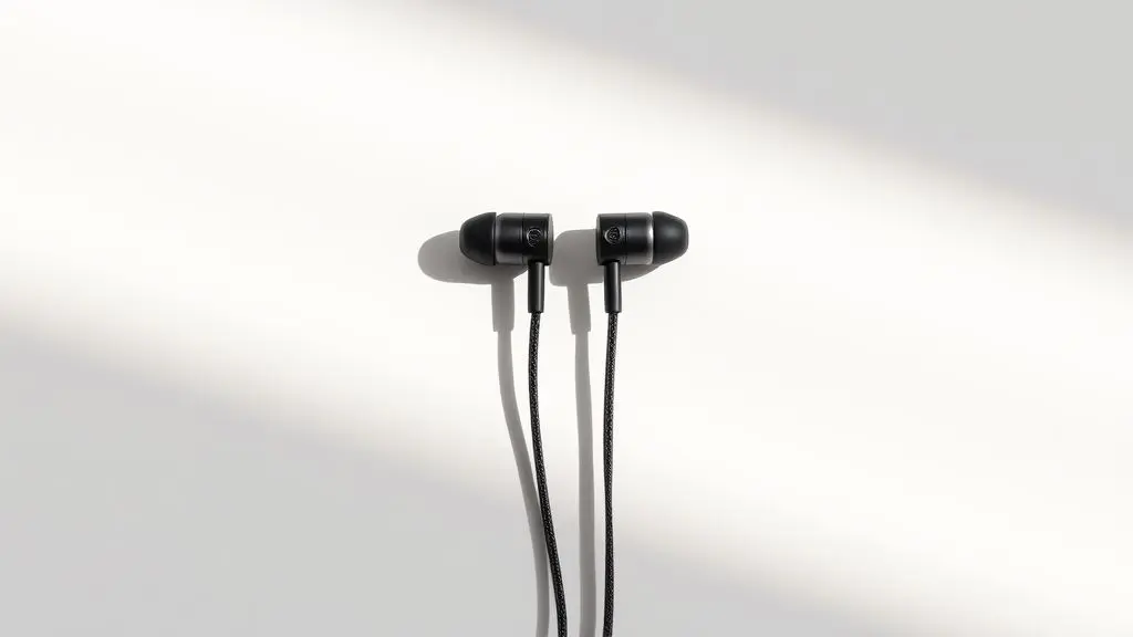 Um par de fones de ouvido com fio modernos e sem marca em um fundo neutro, representando os melhores modelos para comprar este ano.