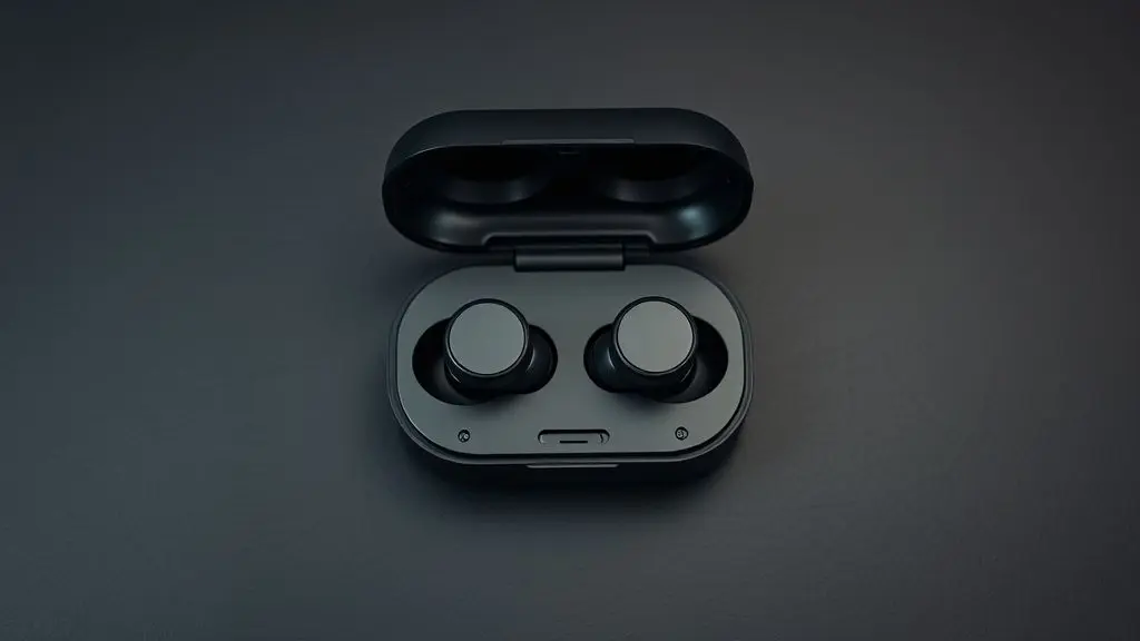 Um par de fones de ouvido intra-auriculares modernos sem marca em seu estojo de carregamento, com iluminação profissional de estúdio sobre fundo escuro.