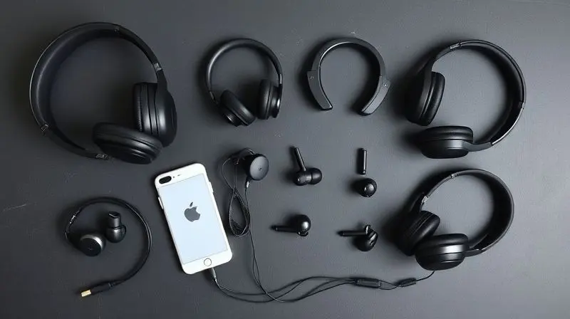 Diversos modelos de fones de ouvido sem marca organizados em uma mesa para a análise dos melhores fones da Kaidi.