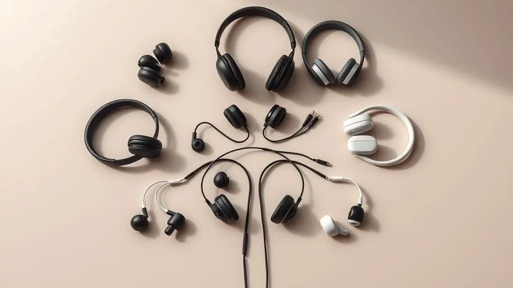 Uma coleção de diferentes modelos de fones de ouvido sem marca, incluindo intra-auriculares e over-ear, organizados sobre uma superfície neutra.