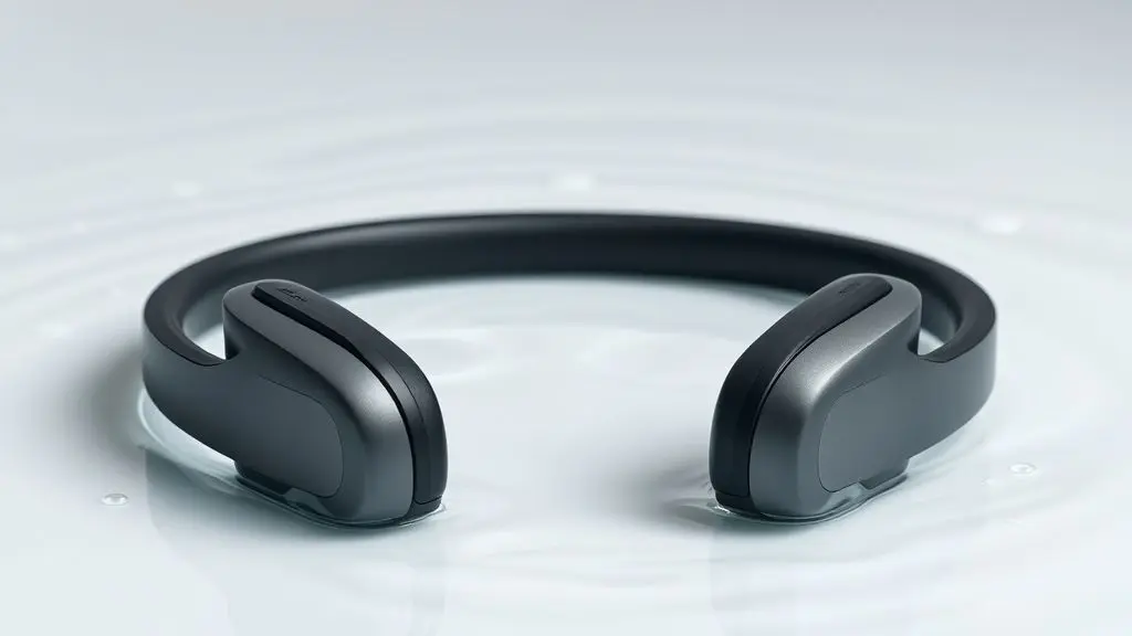 Um par de fones de ouvido para natação, modernos e sem marca, perfeitamente centralizados em um fundo de estúdio limpo com gotas de água.