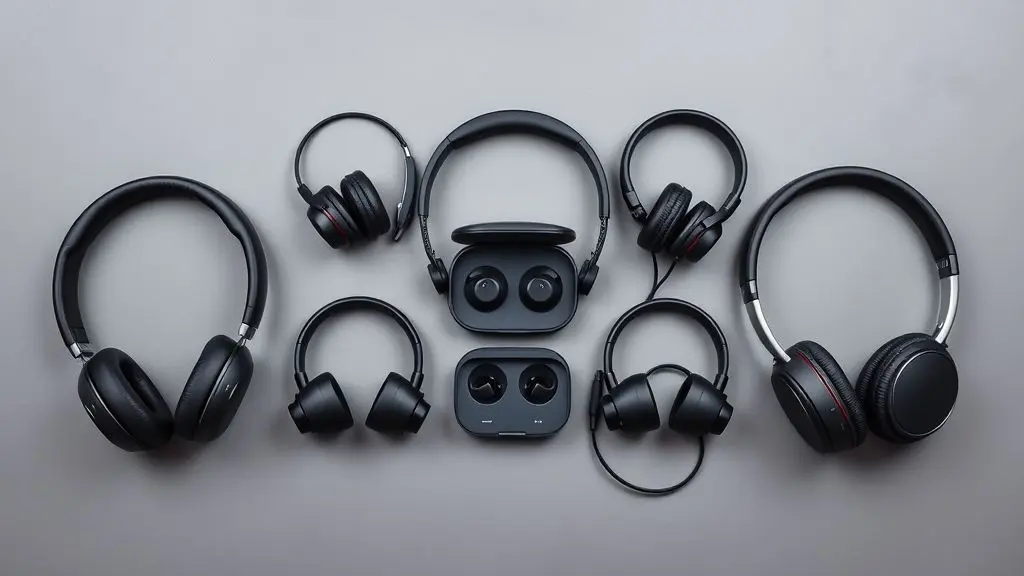 Uma seleção dos melhores fones de ouvido, incluindo modelos over-ear, on-ear e in-ear, organizados de forma simétrica sobre uma superfície limpa.