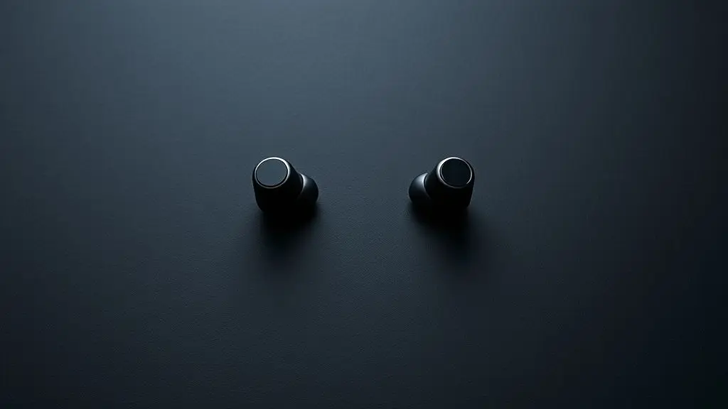 Um par de fones de ouvido para corrida sem fio, modernos e sem marca, em destaque sob iluminação de estúdio profissional em um fundo escuro.