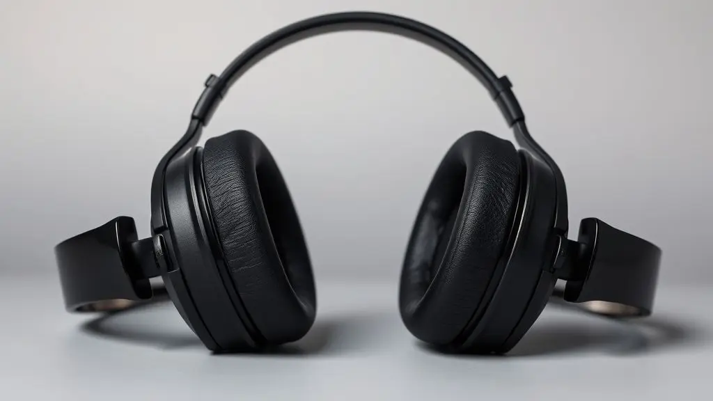 Um par de fones de ouvido profissionais over-ear com design moderno e materiais premium, em um fundo de estúdio claro e minimalista.