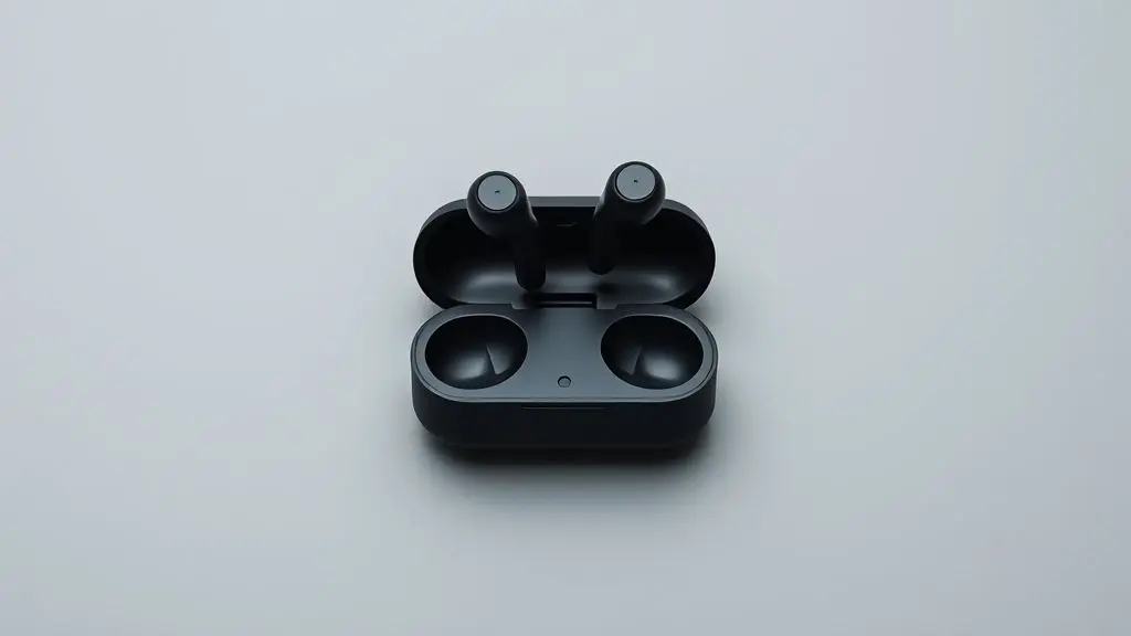 Um par de fones de ouvido Bluetooth modernos e seu estojo de carregamento em um fundo neutro, representando os melhores fones Lenovo do mercado.