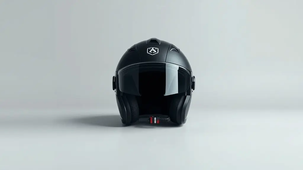 Um fone de ouvido para capacete de moto moderno e sem marca, apresentado em um fundo neutro, destacando seu design e tecnologia.