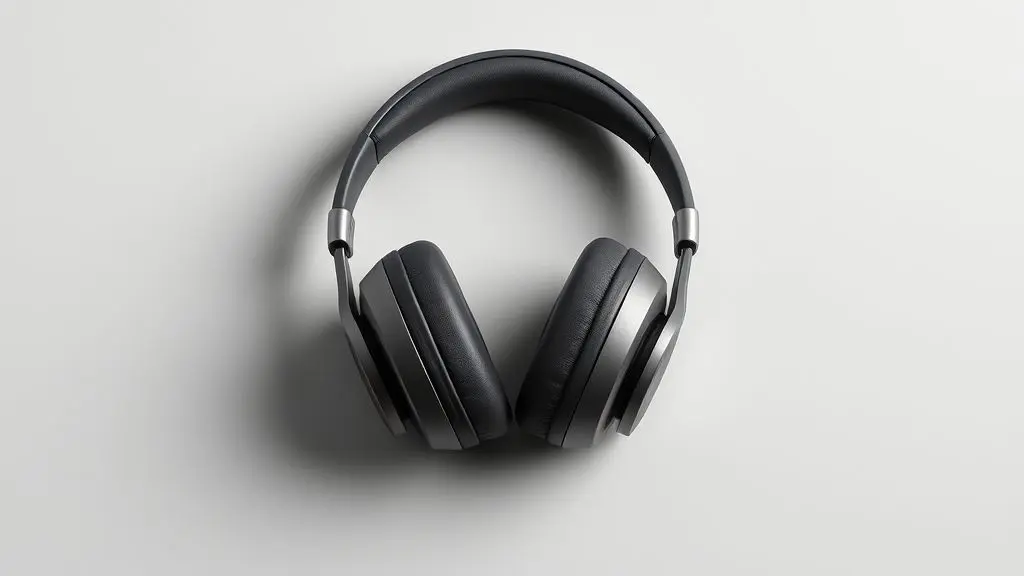 Um fone de ouvido moderno e sem marca com rádio FM integrado, fotografado em um estúdio com fundo neutro para destacar seu design e tecnologia.