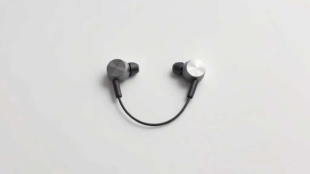 Um par de fones de ouvido intra-auriculares com conector USB-C, em close-up, exibindo um design moderno e minimalista sobre um fundo neutro.