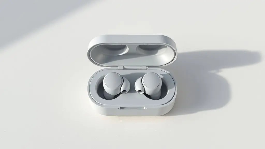 Um par de fones de ouvido tradutores modernos e sem marca dentro do estojo de carregamento aberto, em um fundo neutro e minimalista.