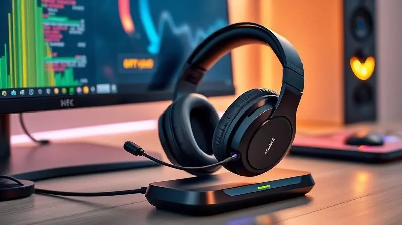 Um setup gamer limpo com um headset sem fio em sua base de carregamento ao lado do monitor, simbolizando a ausência de cabos.