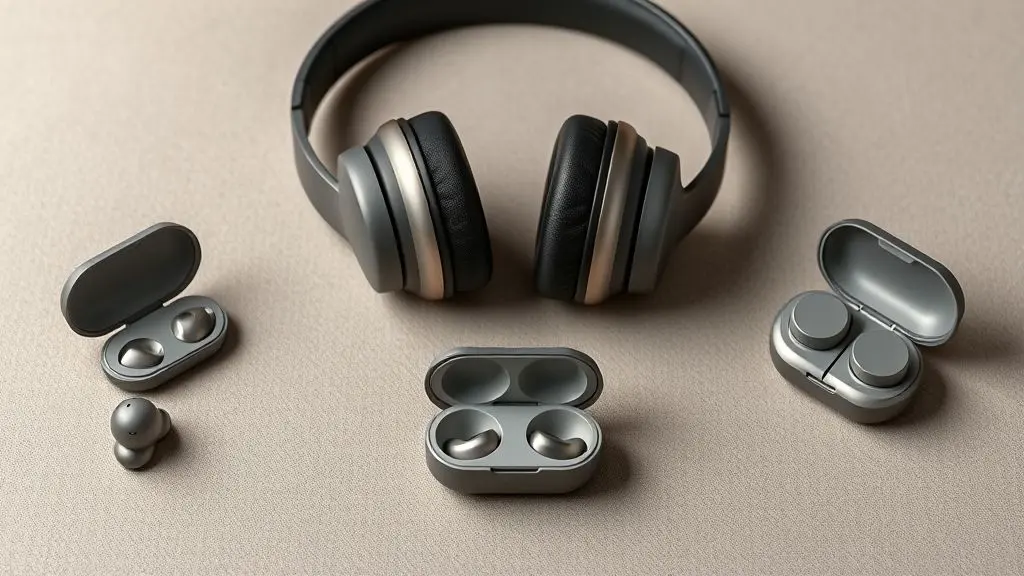 Coleção com os melhores tipos de fones de ouvido, incluindo um modelo over-ear e um par in-ear, organizados em uma superfície neutra de estúdio.