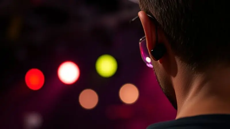 Músico em um palco visto de costas, com foco no fone de retorno profissional em seu ouvido, e as luzes do show desfocadas ao fundo.