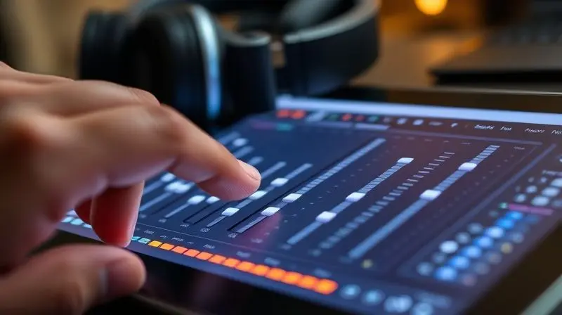 Close-up de um equalizador de áudio digital sendo ajustado em uma tela de tablet para demonstrar sua função e utilidade.
