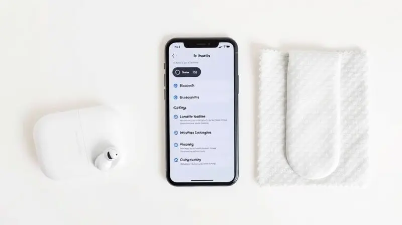 Mesa organizada com os itens necessários para o pré-reset do fone: celular aberto nos ajustes, fones, estojo e um pano de limpeza.