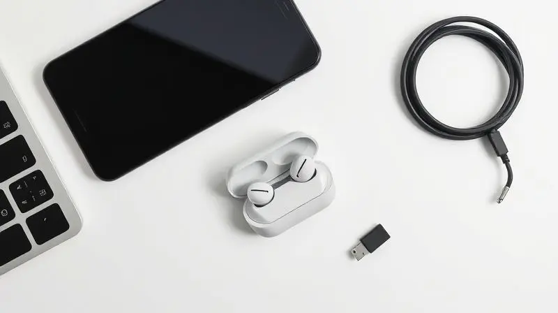 Visão de cima de fones de ouvido sem fio, um smartphone e um cabo de carregamento arrumados sobre uma mesa, mostrando os itens necessários para começar.