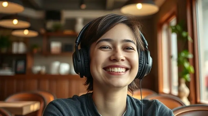 Uma pessoa sorrindo enquanto usa um fone de ouvido em um ambiente casual, representando a opinião positiva de quem já comprou o produto.