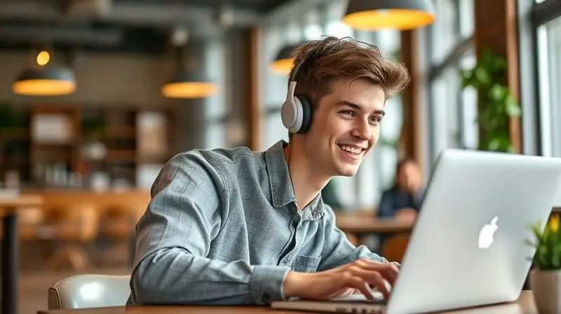 Um jovem sorrindo enquanto usa um fone de ouvido Ambie em um café, representando a experiência positiva e a opinião dos consumidores.