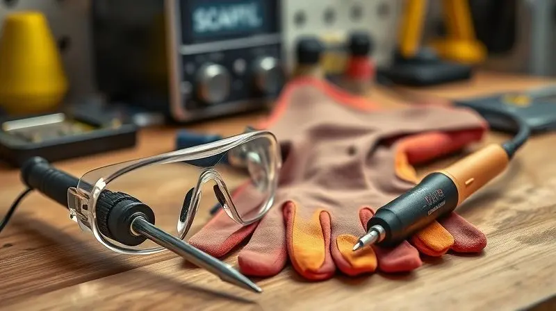 Equipamentos de segurança, como óculos de proteção e luvas, ao lado de um ferro de solda quente para garantir a segurança no projeto de fone caseiro.