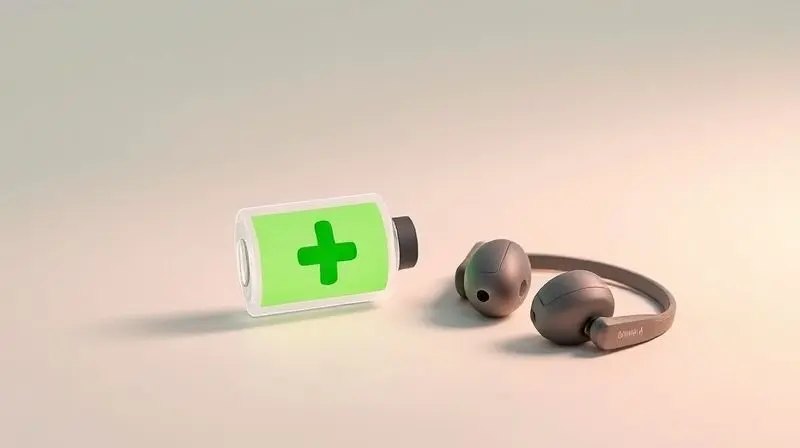 Imagem conceitual de um ícone de bateria com um símbolo de mais (+) verde para representar a otimização da vida útil da bateria de fones sem fio.