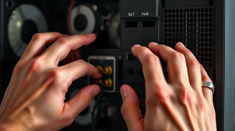 Pessoa verificando as conexões de áudio na parte de trás do computador para solucionar problemas com o microfone.