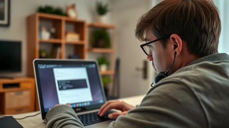 Pessoa tentando resolver um problema com seu fone de ouvido com fio conectado ao notebook, ilustrando a seção de perguntas frequentes.