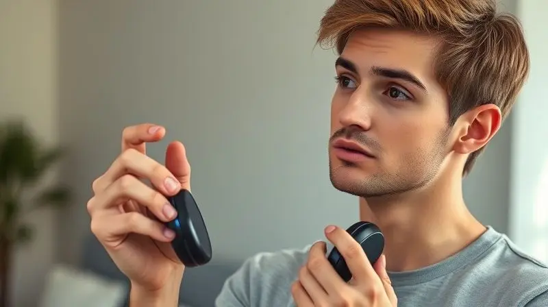 Pessoa pensativa segurando um fone de ouvido, representando as perguntas frequentes sobre os fones Kaidi e suas funcionalidades.