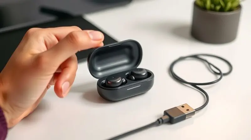 Pessoa verificando a carga de um fone de ouvido Bluetooth antes de conectá-lo pela primeira vez, com o estojo e o cabo de energia em uma mesa.
