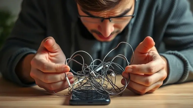 Pessoa com expressão frustrada tentando desembaraçar um fone de ouvido com fio, ilustrando problemas comuns de conexão com o iPhone.