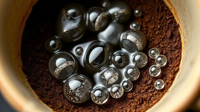 Detalhe do processo de 'blooming' do café, com o pó de café inflando e liberando bolhas após receber a primeira água quente no coador.